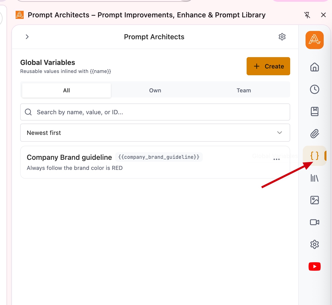 Global variables panel in Prompt Architects