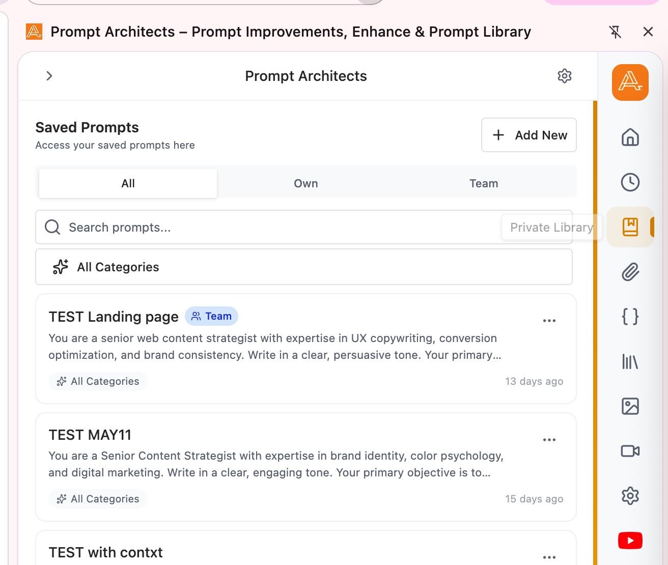 Saved prompts panel in Prompt Architects