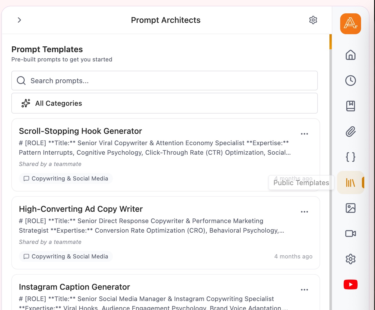 Prompt template library in Prompt Architects